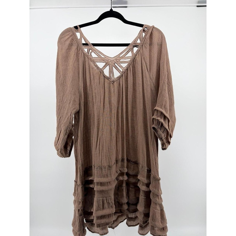 Umgee Boho Dress, Lattice Cut Out Neckline, Tiered Ruffle Hem, Women's Size XL - Picture 2 of 7
